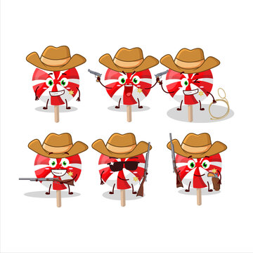 Cool cowboy red white peppermint lolipop cartoon character with a cute hat