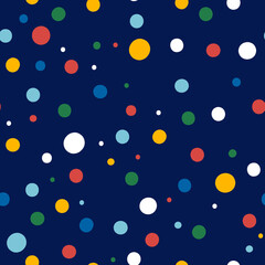 Vector seamless pattern with colorful circles on a dark blue background. Colorful confetti. Festive vector texture. 