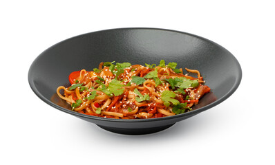 Bowl with asian wok noodles isolated on white
