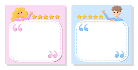 Vector set of two social media templates, feedback posts with quotes, five stars and space for text, on white background. Curly man and blonde woman, showing thumbs; smiling happy people