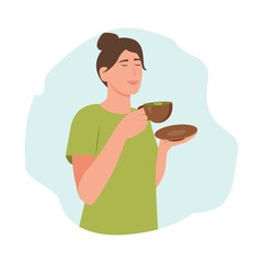Young  woman drink green matcha tea. Matcha latte healthy drink.  Japanese tea culture. Asian culture. Girl with cup drink healthy herbal beverage. Relaxion, meditation.Cartoon Vector Illustration