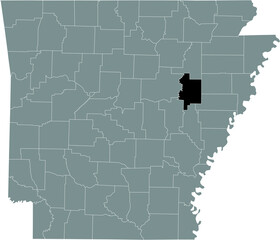 Black highlighted location map of the US Woodruff county inside gray map of the Federal State of Arkansas, USA
