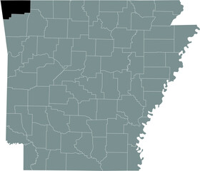 Black highlighted location map of the US Benton county inside gray map of the Federal State of Arkansas, USA