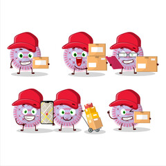 Cartoon character design of strawberry biscuit working as a courier