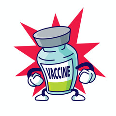 Cartoon strong Covid19 vaccine bottle character power up on explosion background vector mascot 