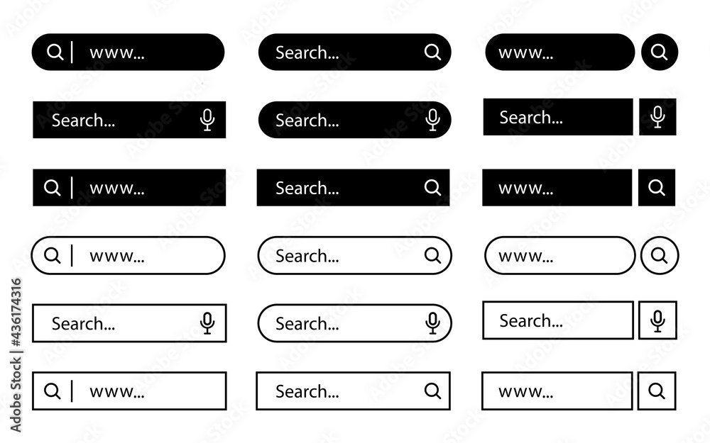 Poster set of search button, ui elements. vector template for browsers with search bar and text field. mode