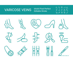 Set of line icons of varicose veins, phlebology. Editable vector stroke. 64x64 Pixel Perfect.