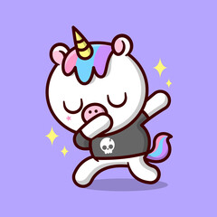 CUTE DABBING UNICORN WITH COLORFUL HAIR AND WEARING BLACK TEE CARTOON ILLSUTRATION.
