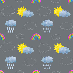Stormy weather: watercolor clouds, raindrops, rainbow on a grey background. Hand-drawn elements. Fabric print seamless pattern. Simple baby textile doodles. Cute wallpaper
