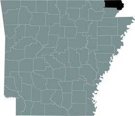 Fototapeta na wymiar Black highlighted location map of the US Clay county inside gray map of the Federal State of Arkansas, USA