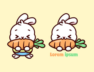 CUTE LITTLE WHITE RABBIT IS EATING A BIG FRESH CARROT AND SHOWING HAPPY FACE. HIGH QUALITY CARTOON MASCOT DESIGN.