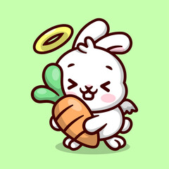 CUTE LITTLE WHITE BUNNY ANGEL IS HOLDING A BIG FRESH CARROT. HIGH QUALITY CARTOON MASCOT DESIGN.