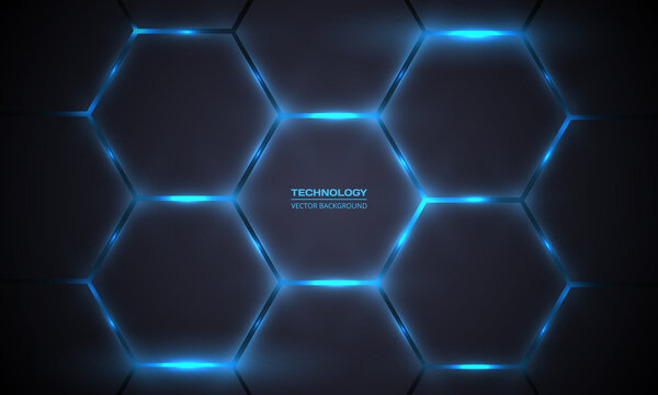 Dark gray hexagonal technology vector abstract background. Bright blue energy flashes under hexagon in technology futuristic modern background vector illustration. Gray and blue honeycomb texture grid