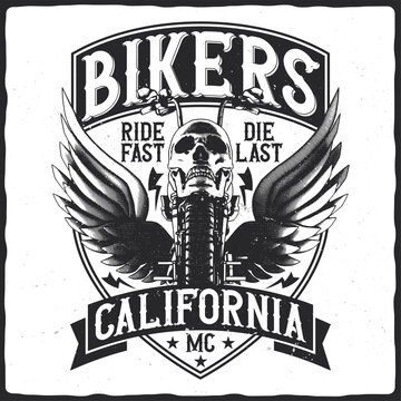 T-shirt or poster design with illustration of motorcycle with skull and wings