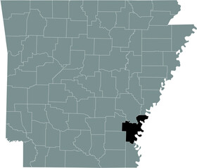 Black highlighted location map of the US Desha county inside gray map of the Federal State of Arkansas, USA
