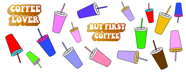 Coffee. Cup with straw. Creative Illustration. Colorful doodle style. Stickers for printing, for stationery, notebook, smartphone, water bottle, etc. High resolution and good quality. Vector EPS10. 