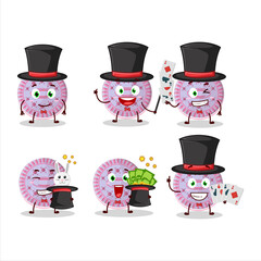 A strawberry biscuit Magician cartoon character perform on a stage