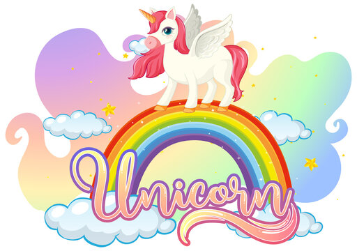 Cartoon character of unicorn standing on rainbow with unicorn font