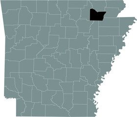 Black highlighted location map of the US Lawrence county inside gray map of the Federal State of Arkansas, USA