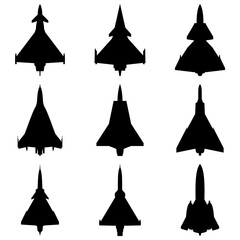 Jet Fighter Airplane Delta Wings Silhouette Icon Set Black Color