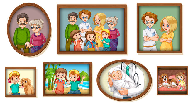 Set of happy family photo on the wooden frame