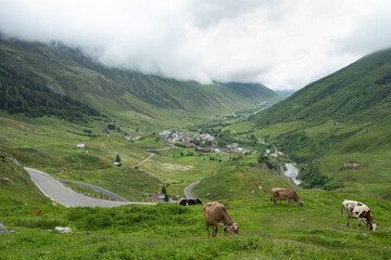 View from Furka pass street in Switzerland over the cloudy Reuss valley - obrazy, fototapety, plakaty