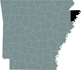Fototapeta na wymiar Black highlighted location map of the US Mississippi county inside gray map of the Federal State of Arkansas, USA