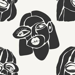 Seamless pattern of minimalist contemporary portrait woman beauty surreal face