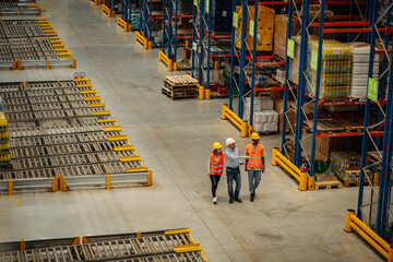 Warehouse employees walking through shelves and talking