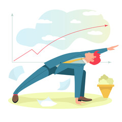 Businessman in suit doing yoga with graph of financial growth on background. Vector flat illustration 