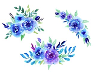 Set Bouquets of blue roses, watercolor hand drawing, isolated, white background. Design element for wedding invitations, greeting cards, tags, labels, logo
