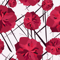 Red peony seamless pattern on a gray background with an abstract pattern.