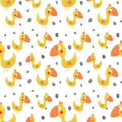 A seamless pattern with a yellow funny bird on a white background. The illustration is hand-drawn in doodle style. Digital illustration. Design for fabric, paper and other objects.