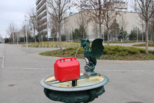 Basilisk water fountain in the city of Basel, Switzerland used to fill the water cane. Photo taken near Novartis Campus gate in Elsässerstrasse.