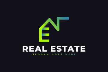 Fototapeta premium Initial Letter A and E Logo with House Concept in Green Gradient. Construction, Architecture or Building Logo Design