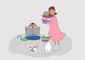 Children`s funny color hand-drawn illustration. Mom and cat help the child read books. Homeschooled cheerful boy with glasses. Didgital jpg print for a card, magazine, website, T-shirt, poster