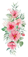Foto op Aluminium Watercolor pink flowers and green leaves bouquet illustration © katrinshine