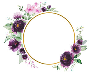 Watercolor purple flowers and green leaves frame illustration