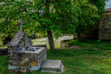 andscape under the chestnut trees in springtime next to an old stone fountain
