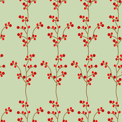 Abstract branches with red berries on a light beige background. Summer natural background. Vector. For textiles, wallpapers and backgrounds.