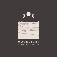 Moon phases, desert, hills, night landscape. Bohemian logo template