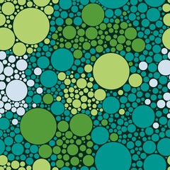 Seamless pattern with peas. Circles of different sizes and colors are randomly placed in the background. Green colors. 