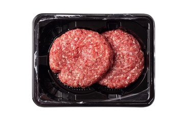Two raw meat patties in a plastic tray