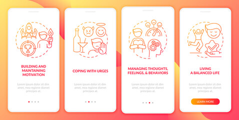 Addiction recovery steps methods onboarding mobile app page screen with concepts. Manage thoughts walkthrough 4 steps graphic instructions. UI, UX, GUI vector template with linear color illustrations