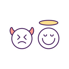 Bad vs good RGB color icon. Isolated vector illustration. Choosing between bad and good options to decide. Smiling angel and angry demon simple filled line drawing.