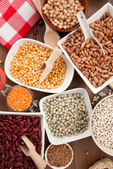 Variety of legumes like chick peas, kidney beans and lentils in bowls, high angle view, vertical