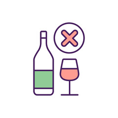 No alcohol RGB color icon. Isolated vector illustration. Fighting with alcoholism problem. Curing human addiction to drinkin alcohol simple filled line drawing.