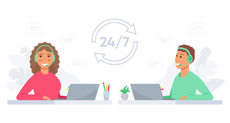 Customer service online 24 hours. Assistant team that answer customer questions. Vector illustration 