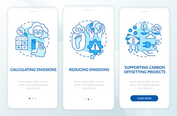 Carbon offset steps onboarding mobile app page screen with concepts. Emissions reduction walkthrough 3 steps graphic instructions. UI, UX, GUI vector template with linear color illustrations