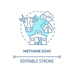 Methane concept icon. CH4 abstract idea thin line illustration. Food and green waste. Emission by human activities. Livestock raising. Vector isolated outline color drawing. Editable stroke